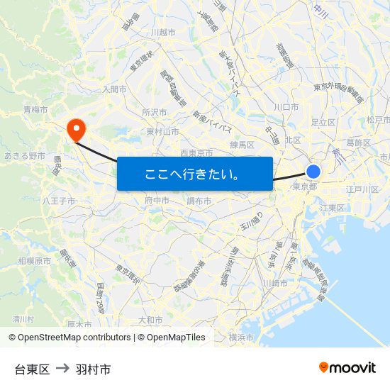 台東区 to 羽村市 map