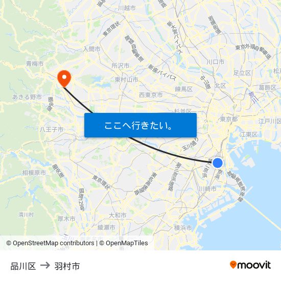 品川区 to 羽村市 map