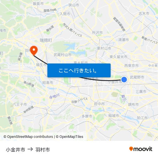 小金井市 to 羽村市 map