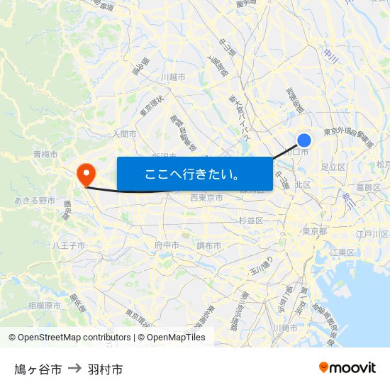 鳩ヶ谷市 to 羽村市 map