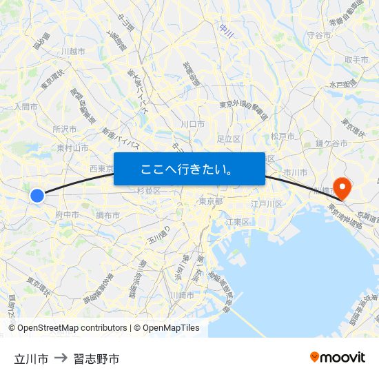 立川市 to 習志野市 map