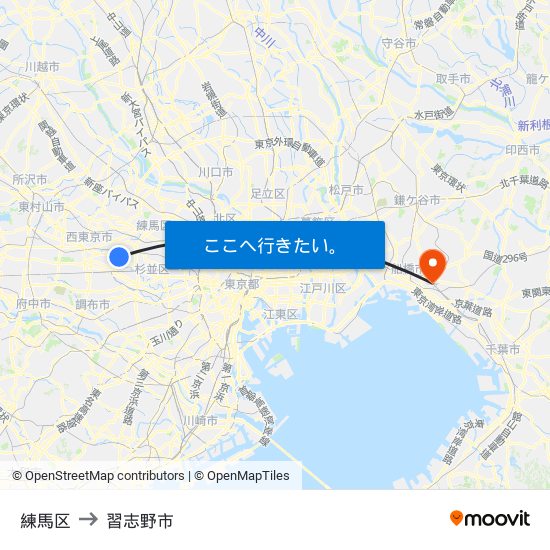 練馬区 to 習志野市 map
