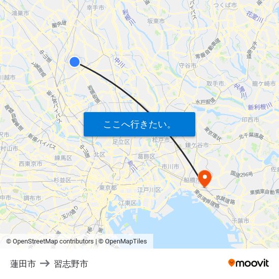 蓮田市 to 習志野市 map