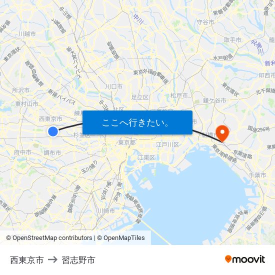 西東京市 to 習志野市 map
