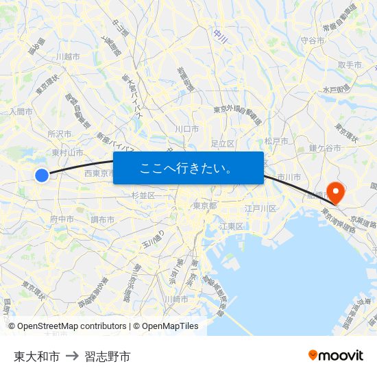 東大和市 to 習志野市 map