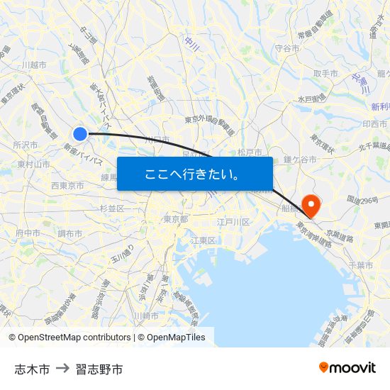 志木市 to 習志野市 map