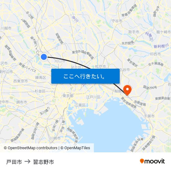 戸田市 to 習志野市 map