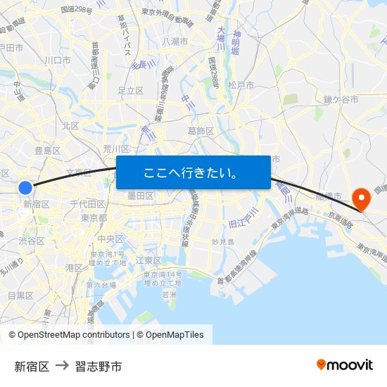 新宿区 to 習志野市 map