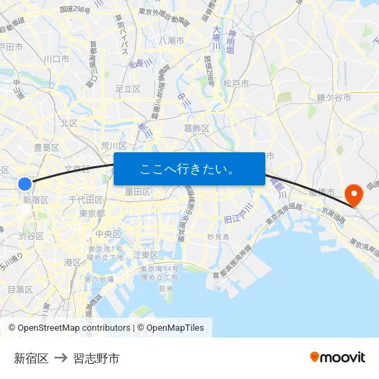 新宿区 to 習志野市 map