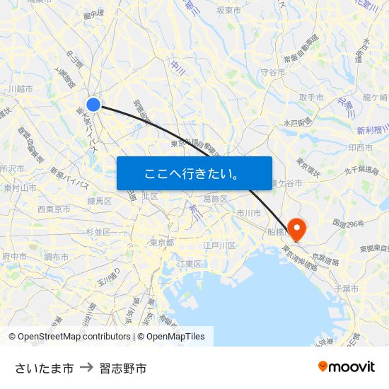 さいたま市 to 習志野市 map