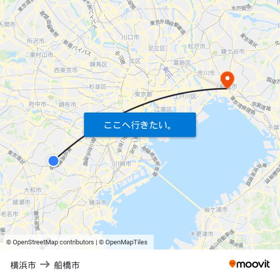 横浜市 to 船橋市 map