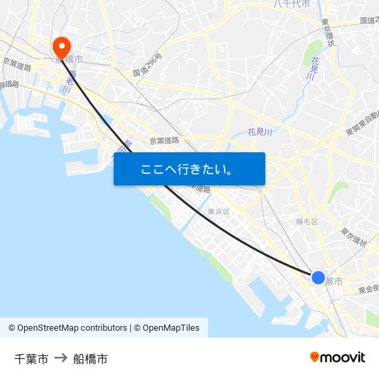 千葉市 to 船橋市 map