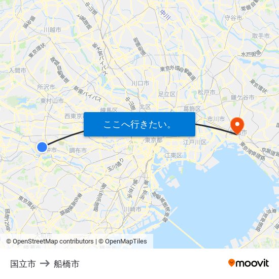 国立市 to 船橋市 map