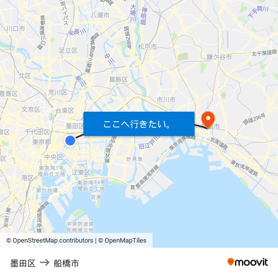 墨田区 to 船橋市 map