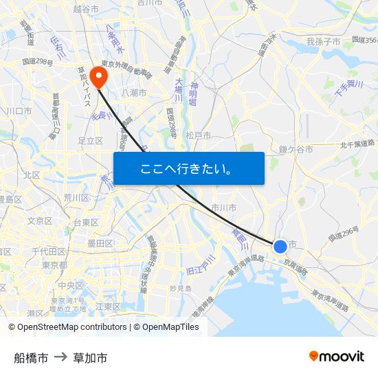 船橋市 to 草加市 map