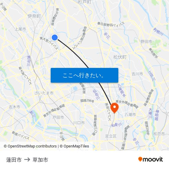 蓮田市 to 草加市 map