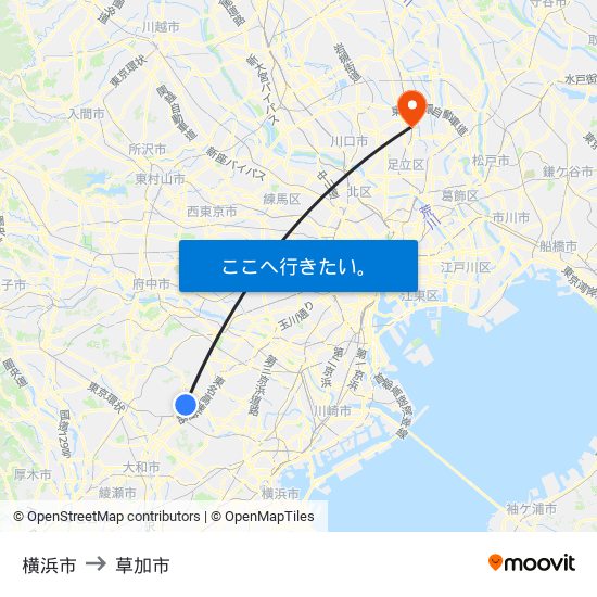 横浜市 to 草加市 map