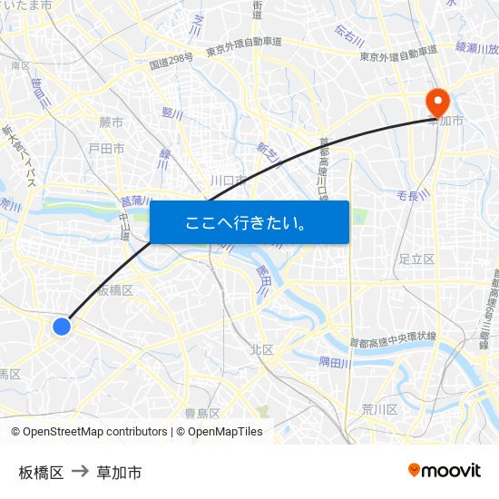 板橋区 to 草加市 map