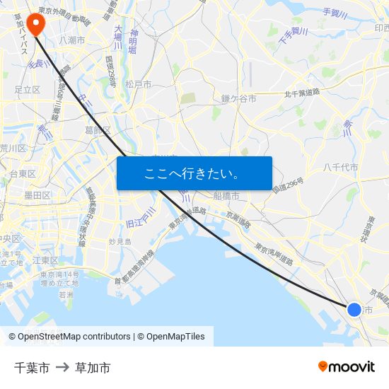 千葉市 to 草加市 map