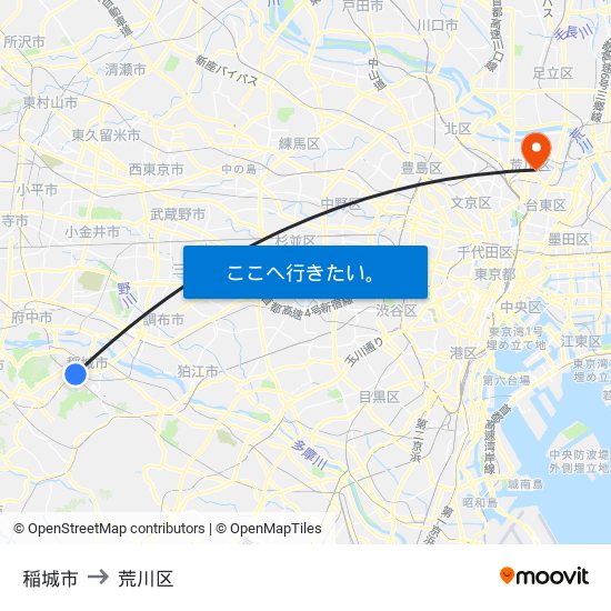 稲城市 to 荒川区 map