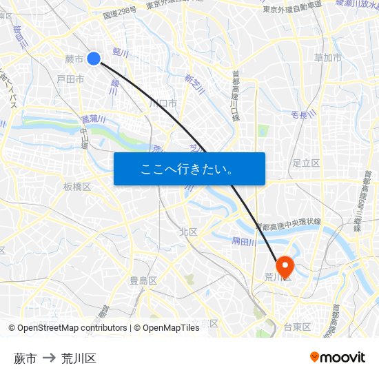 蕨市 to 荒川区 map