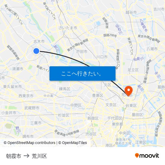 朝霞市 to 荒川区 map