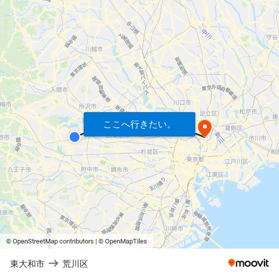 東大和市 to 荒川区 map