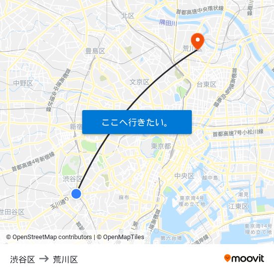 渋谷区 to 荒川区 map