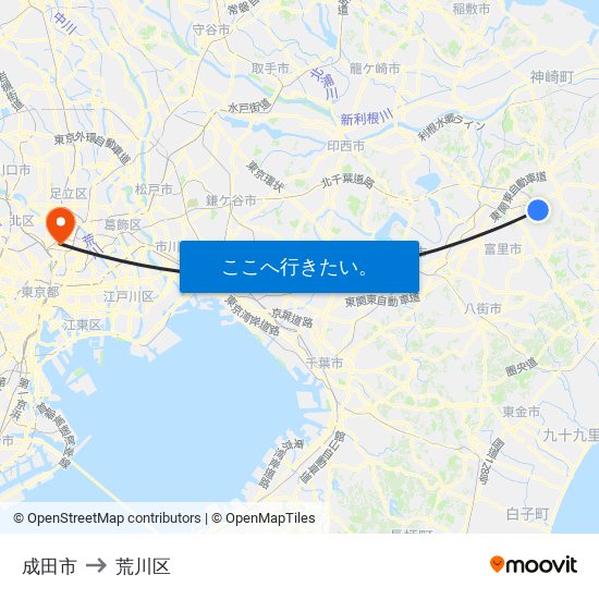 成田市 to 荒川区 map