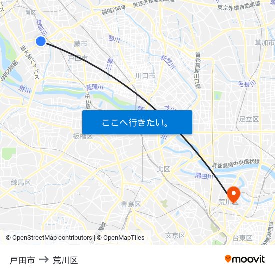 戸田市 to 荒川区 map