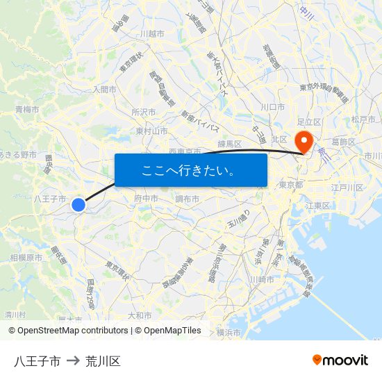 八王子市 to 荒川区 map