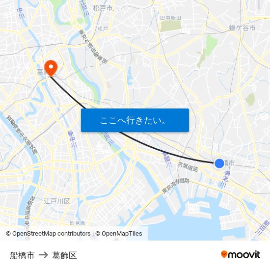 船橋市 to 葛飾区 map