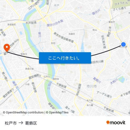松戸市 to 葛飾区 map