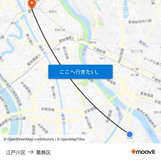 江戸川区 to 葛飾区 map