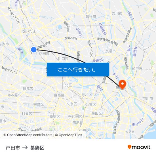 戸田市 to 葛飾区 map