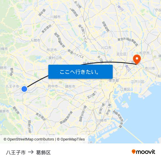 八王子市 to 葛飾区 map