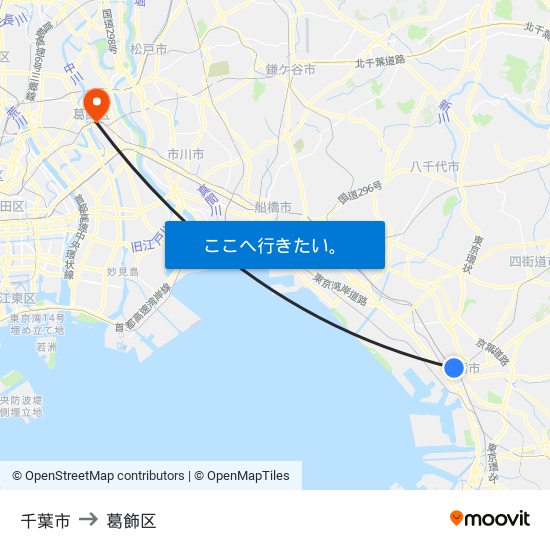 千葉市 to 葛飾区 map