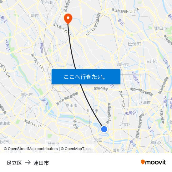 足立区 to 蓮田市 map