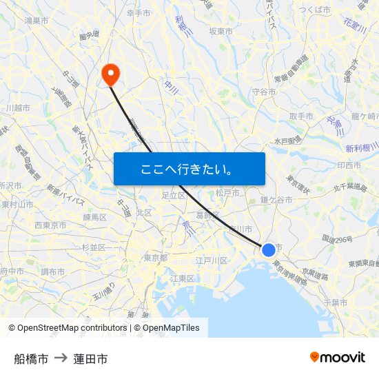 船橋市 to 蓮田市 map