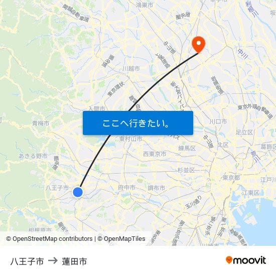 八王子市 to 蓮田市 map