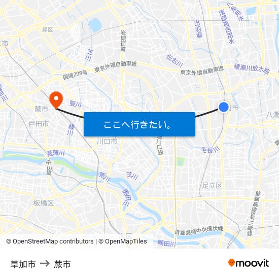 草加市 to 蕨市 map