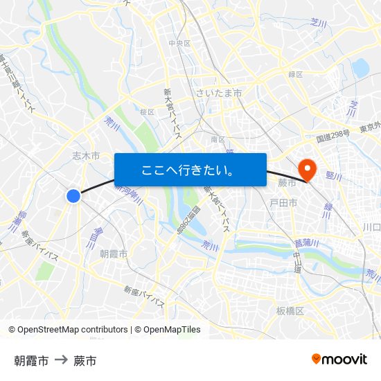 朝霞市 to 蕨市 map