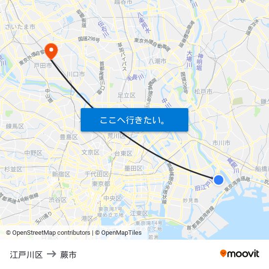 江戸川区 to 蕨市 map