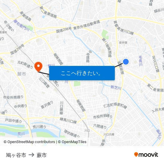 鳩ヶ谷市 to 蕨市 map