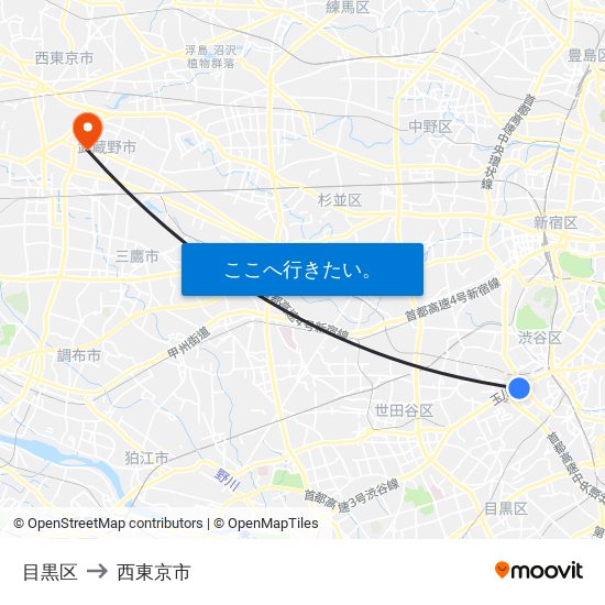 目黒区 to 西東京市 map