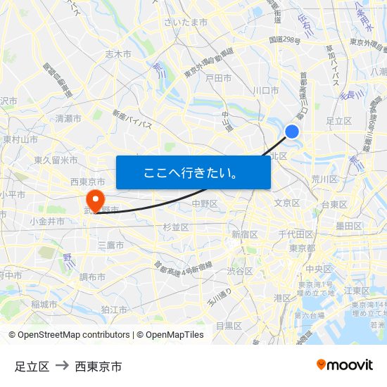 足立区 to 西東京市 map