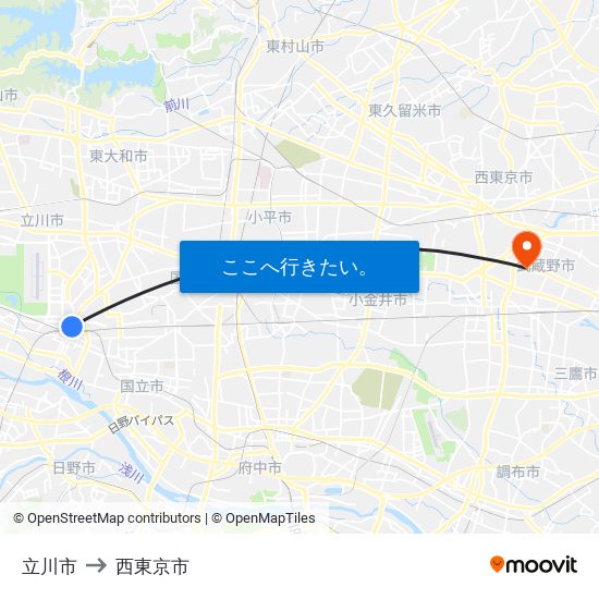 立川市 to 西東京市 map
