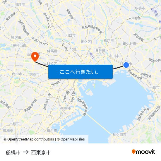 船橋市 to 西東京市 map