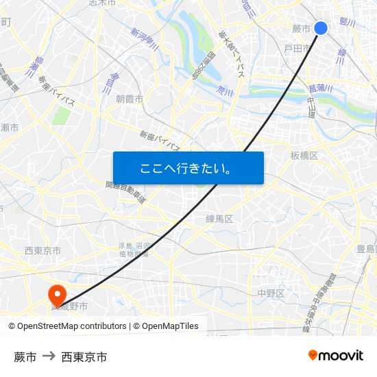 蕨市 to 西東京市 map