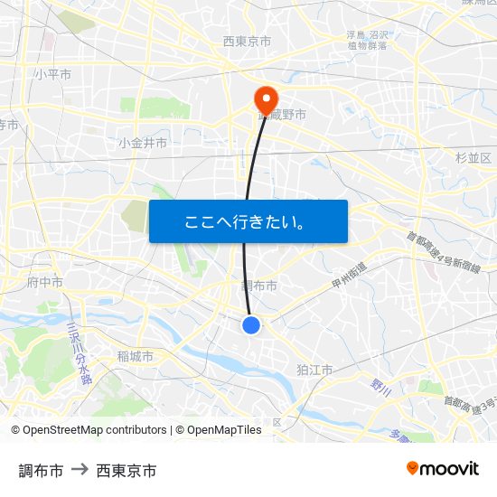 調布市 to 西東京市 map